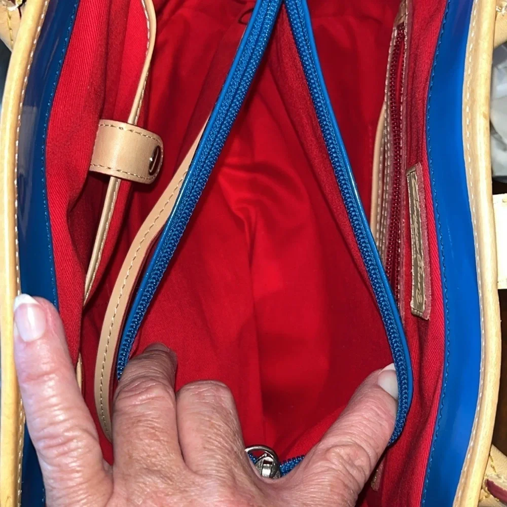 Dooney & Bourke  Satchel  Royal blue coated canvas/ tan leather trim   Like New
